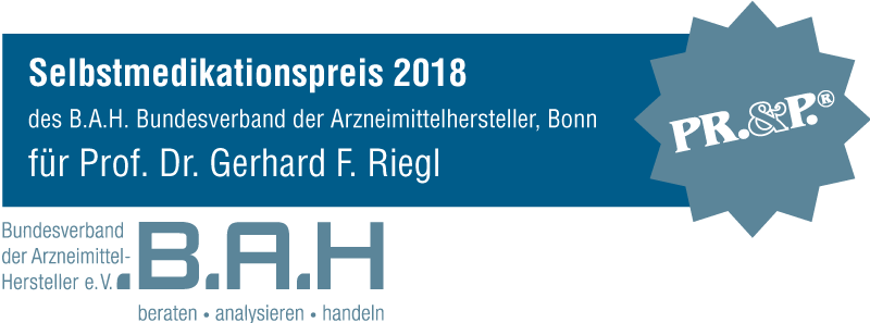 Selbstmedikationspreis 2018 des B.A.H. Bundesverband der Arzneimittelhersteller, Bonn
für Prof. Dr. Gerhard F. Riegl